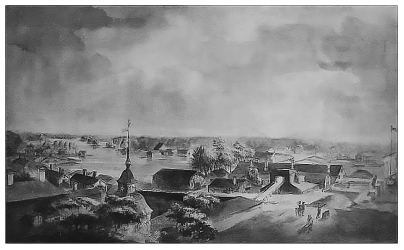 Målning av Elias Martin från 1780-talet: utsikt från Herrgården över Söderfors bruk